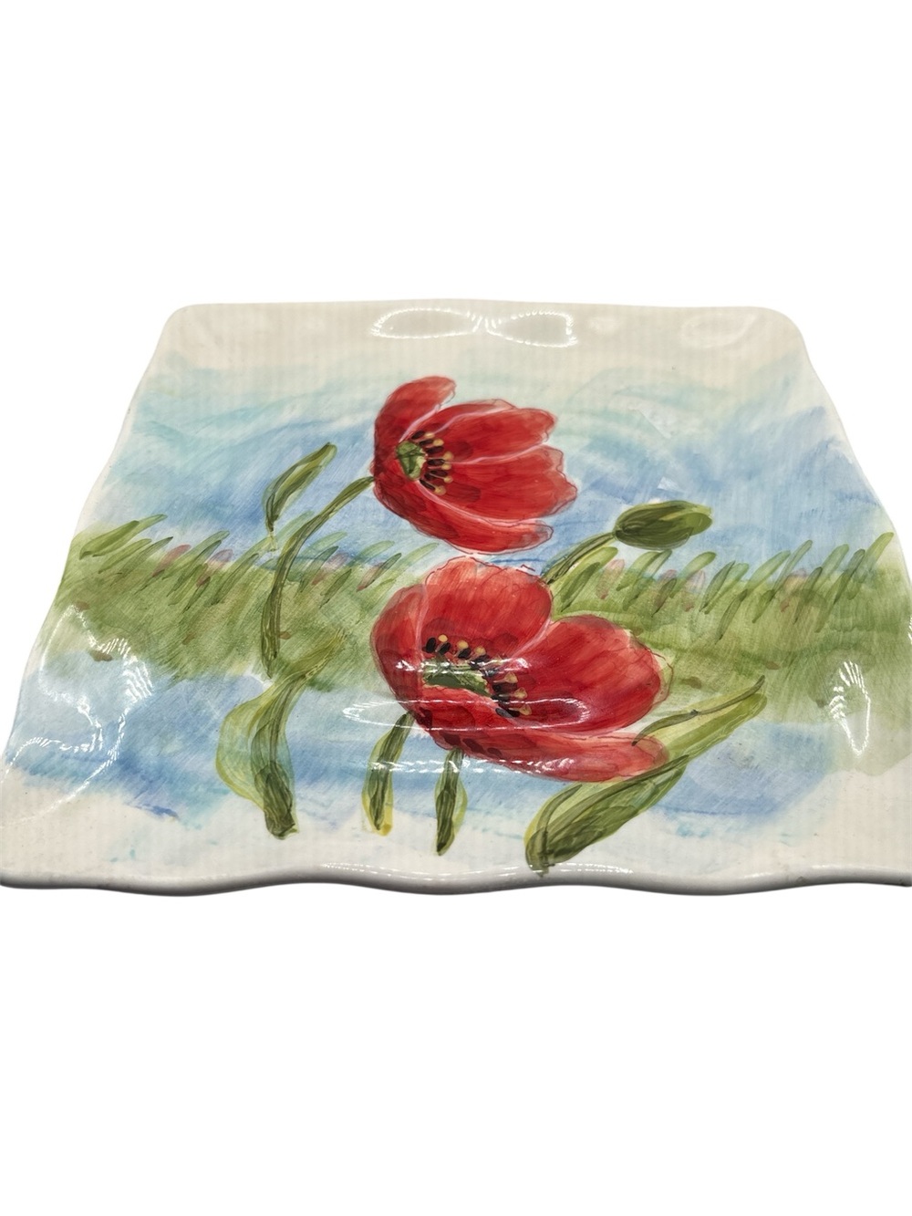 Maxcera Red Poppies Square Scalloped Plate 8 1/2"  Hand-Painted